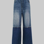 High Waisted Wide Leg Contrast Color Fringed Split-Joint Jean Pants Bottoms