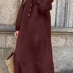 Cotton linen solid color long-sleeved V-neck button long jumpsuit