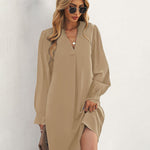 Notch Neck Solid Tunic Dress V-Neck Puff Sleeve Mini Tunic Dress