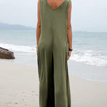 Wide Leg Jumpsuit Sleeveless V-Neck Casual Loose Jumpsuit Comfy Baggy Tank Romper with Pockets