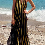 Striped Print V-Neck Loose Beach Vacation Maxi Dress