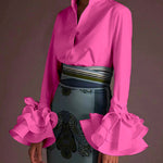Flared Sleeves Bow-Embellished Falbala Solid Color Lapel Blouses&Shirts Tops