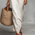 Women's Minimalist Linen Blend Off-the-shoulder Batwing Sleeve Straight-cut Maxi Dress