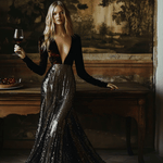 【24-hour shipping out】V-Neck Stylish Elegant Solid Color Velvet Sequined Long Maxi Dress
