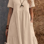Loose Pocket Solid Color Round Neck Short Sleeve Dress