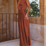 Loose Short Sleeves Pleated Solid Color Split-Joint V-Neck Maxi Dresses