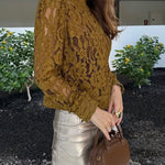 Palace Style Crochet Flower Lace Stand Neck Button Puff Sleeve Jacket