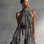 Women's Plaid High Collar Sleeveless Belted Maxi Dress