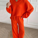 4Pcs Outfits Black Sets+Orange Sets Simple V-Neck Tops + Casual Wide Leg Pants
