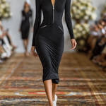 Women's Sports Cotton Blend Skinny Zipper Lapel Midi Dress