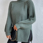 Mid-Length Raglan Sleeve Turtleneck Slit Sweater
