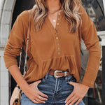 Long Sleeve V Neck Tops Casual Button Down Side Split Knitted Loose Tops