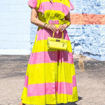 High Waisted Loose Belted Buttoned Contrast Color Pleated Pockets Lapel Maxi Dresses Shirt Dress