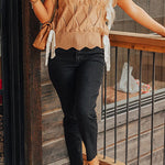 Light French Beige Hollowed Knit Scalloped Trim High Neck Sweater