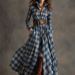 Retro Ethnic Style Lapel Reddish Brown Plaid Maxi Dress