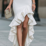 Asymmetric Ruffled Hem Fitted Midi Dress
