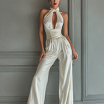 Women's Ivory Satin Fabric Halter Jumpsuit With Deep V-Neck & Elastic Waist