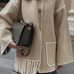 Women's Thickened Loose Woolen Coat with Fringed Scarf