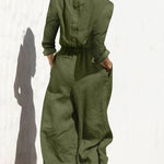Solid Color Elastic Waist Long Sleeve Wide Leg Long Jumpsuit