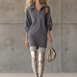 Exquisite Casual Lapel Front Zipper Three-quarter Sleeve Gray Waffle Mini Dress