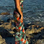 Fish Scale Color-Patchwork Halter Neck Mermaid Maxi Dress