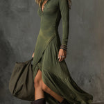 Bohemian Washed Cotton Half-zip Hem Slit Midi Dress