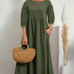 Lantern Sleeve Long Dress Solid Color Loose Crew Neck Mid Waist Dresses with Pockets