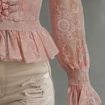Elegant Pink Chiffon Lace Ruffled Shirt