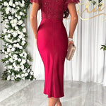Margovil V Neck Ruffle Sleeves Slit Sequin Midi Party Dress