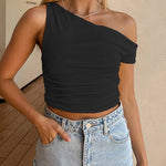 Margovil Asymmetrical Shoulder Ruched Crop Top
