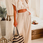 Margovil Drawstring Hem Crop Top Wide Leg Pants Loungewear Set