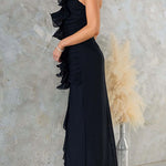 Margovil One Shoulder Slit Ruched Ruffle Mesh Maxi Dress