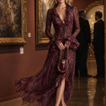 Elegant And Fashionable Burgundy Chiffon Snakeskin Pattern Ruffled Long-Sleeved Maxi Dress