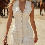 Retro V-neck Lace-trimmed Multi-pocket Denim Sleeveless Mini Dress