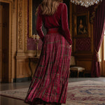 Festive Retro Red Velvet Turtleneck Plaid Skirt Set