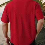 KZZ Men's short-sleeved versatile shirt with openwork jacquard pattern