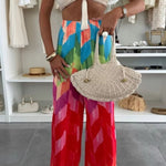 Welcome To Summer Shell Tassel Halter Stretch Bra and Colorful High Rise Wide Leg Pants Set