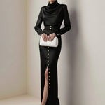 Split-Joint Heaps Collar Long Sleeves Pleated Blouses&Shirts Tops + Elasticated Waist Asymmetric Buttoned  Contrast Color Split-Side Zipper Skirts Bottoms Two Pieces Set