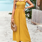 Sleeveless Lace-up Smocked Jumpsuits Solid Loose fit Wide Leg High Wasit Romper