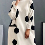 Long Sleeves Loose Pockets Polka-Dot High Neck Midi Dresses