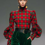 Trendy Retro Plaid Velvet Turtleneck Long-sleeved T-shirt And Wide-leg Pants Set