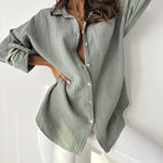 Nadorine Solid Loose Single breasted Full Pull Long Sleeve Blouse Polo Pocket Tops