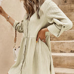 Textured Roll-Up Sleeve Button Front Dress