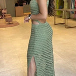 Stunning Gaze Knit Texture Ring Side Waist Cutout Stretch Maxi Dress（Note: top without lined, you can bring your own bra）