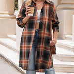 Nadorine Plaid Longline Button-Up Shacket Lapel Neck Long Sleeve Shirt Pocket