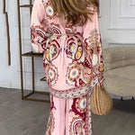 Unique Print Lapel Long Sleeve Tie Waist Shirt and Elastic Waist Pocket Wide Leg Pants Set