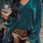 Sea Green Velvet V Neck Puff Sleeve Peplum Blouse
