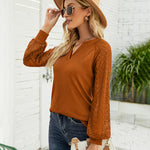 Nadorine V Neck Tops Solid Color Blouse Long Sleeve Pullover Lace Patchwork Shirt