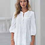 Nadorine Lace Crochet V Neck Half Sleeve Embroidery Button Down Blouses Casual Shirts