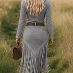 Retro Western Lapel Zipper Long Sleeve Tassel Midi Dress